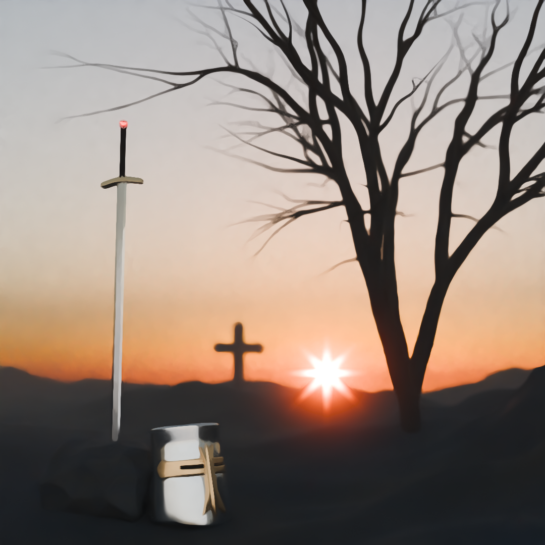A 3D render of a sunset scene with a crusader helmet,
            sword and a dead tree in focus